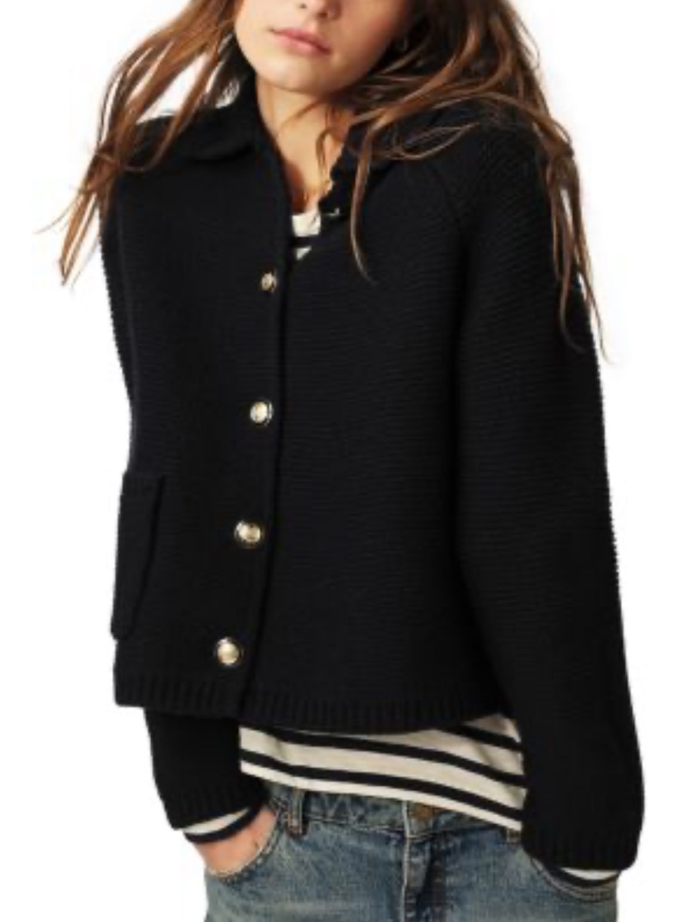 ba&sh Navy Knit Kids Cardigan with Gold Buttons
